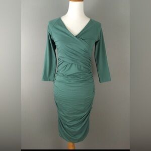 Sundance Green Wrap Dress Sm Ruched 3/4 Sleeve Soft Timeless Boho Chic Elegant